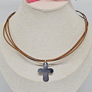 JV 925 Sterling Silver - Cross Pendant Brown Multi Cord Necklace